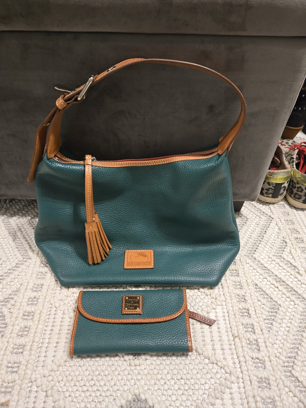 Dooney & Bourke Teal and Tan Leather Shoulder Bag with Wallet